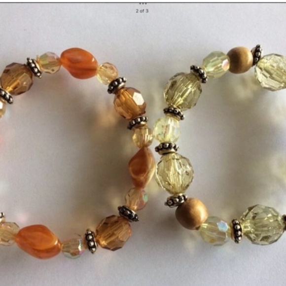 Lot of 2 Vintage Bracelets Beaded Green Brown Bronze Stretchy Stackable - Picture 2 of 3